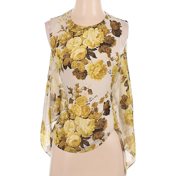 Robert Rodriguez Yellow and Brown Asymmetrical Sleeveless Blouse - Picture 1 of 3